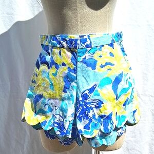 Lilly Pulitzer Blue & Yellow Women's Shorts, Scalloped Hem,  Sz 0